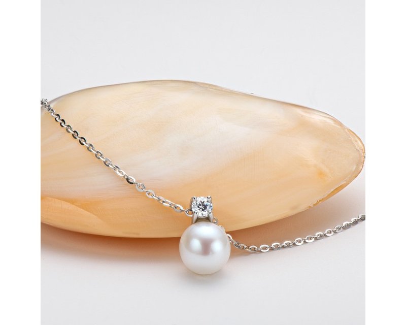 Moissanite Pearl Sterling Silver Necklace - สร้อยคอ - เครื่องเพชรพลอย 