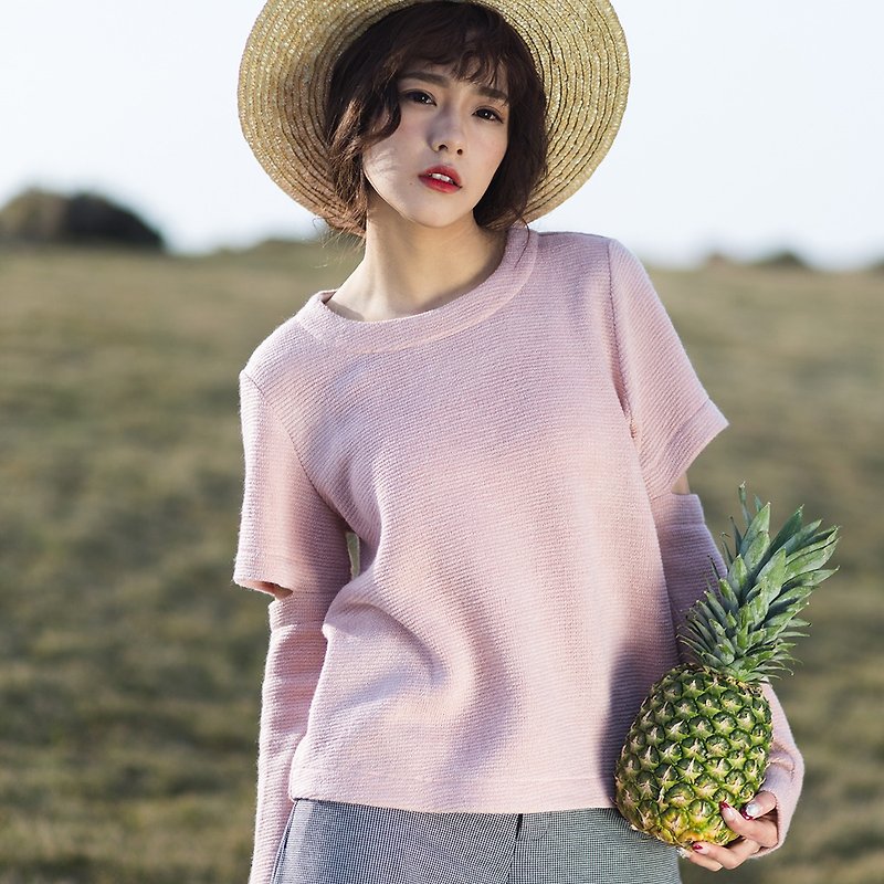 Annie Chen Korean female students loose long-sleeved T-shirt fashion wild knit shirt College Wind bottoming shirt short paragraph - เสื้อยืดผู้หญิง - ผ้าฝ้าย/ผ้าลินิน สึชมพู