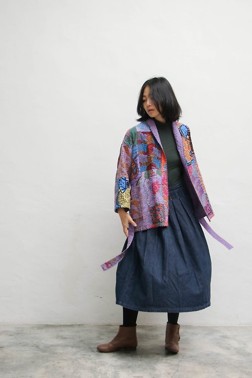 OMAKE TAIWAN 坎塔刺繡雙面中性和式外套 幻彩x淡紫