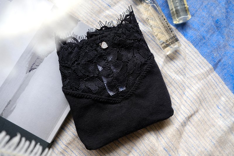 Midnight Fragrance・Lash Lace・Mid-Rise Boxer・Made in Taiwan - Women's Underwear - Cotton & Hemp Black