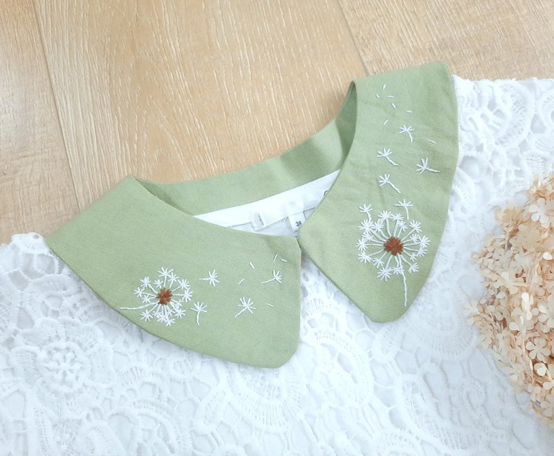 手工刺繡。蒲公英裝飾領片(假領子/森林系穿搭/棉麻風) - 其他 - 棉．麻 綠色