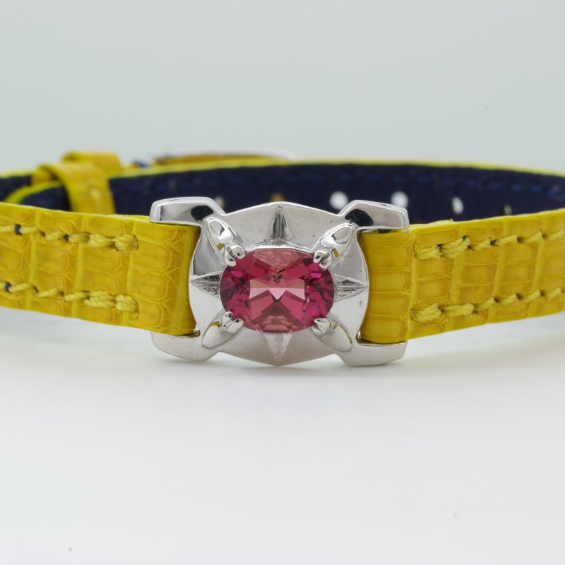 M Leather Pink Tourmaline Bracelet - สร้อยข้อมือ - เครื่องเพชรพลอย สีเหลือง