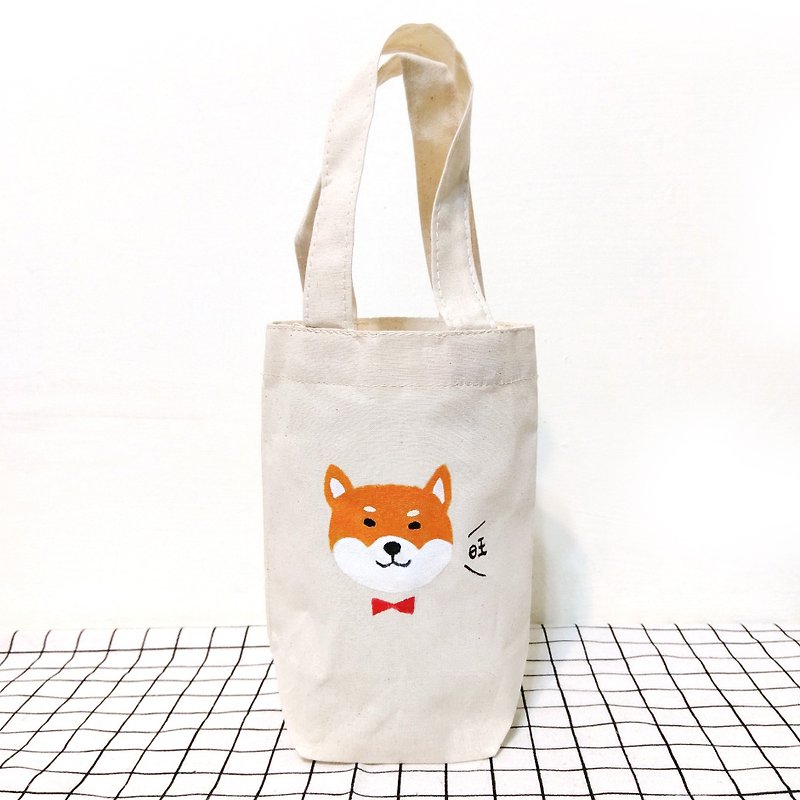 Hand-painted beverage bag, Shiba Inu Want Want - ถุงใส่กระติกนำ้ - ผ้าฝ้าย/ผ้าลินิน ขาว