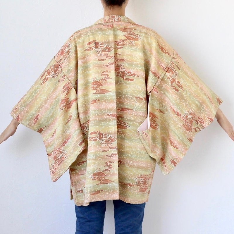 Japanese landscape pattern kimono, haori, kimono jacket, traditional haori /2883 - เสื้อแจ็คเก็ต - ผ้าไหม สีเหลือง