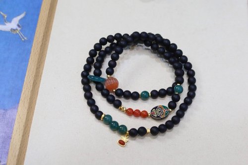 Angel's tears 天使之淚 Jewelry Design 6mm天然降真香木珠 純銀燒藍扎基拉姆設計多圈手串手持項鍊fs