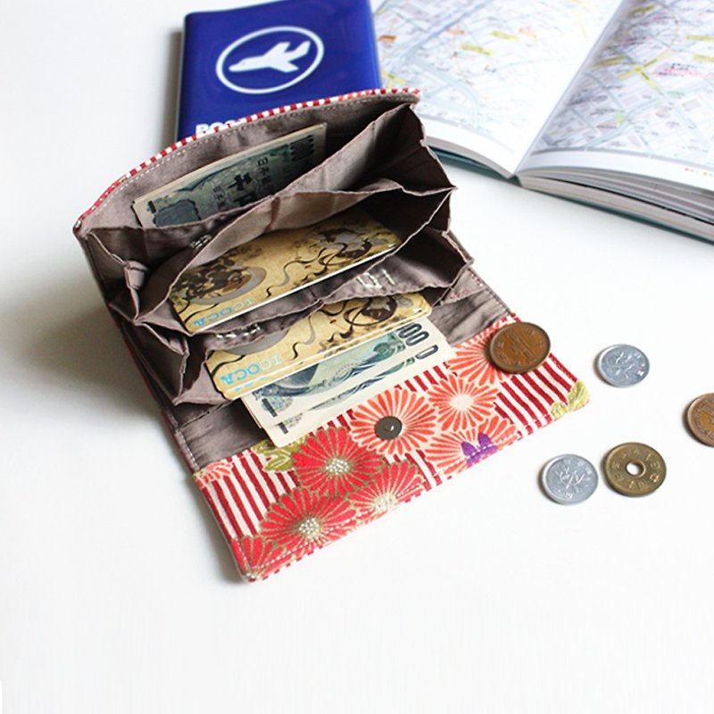 日本旅行 X 日幣分隔財布 - 彩菊【限量手工製作】 - 長短皮夾/錢包 - 棉．麻 橘色