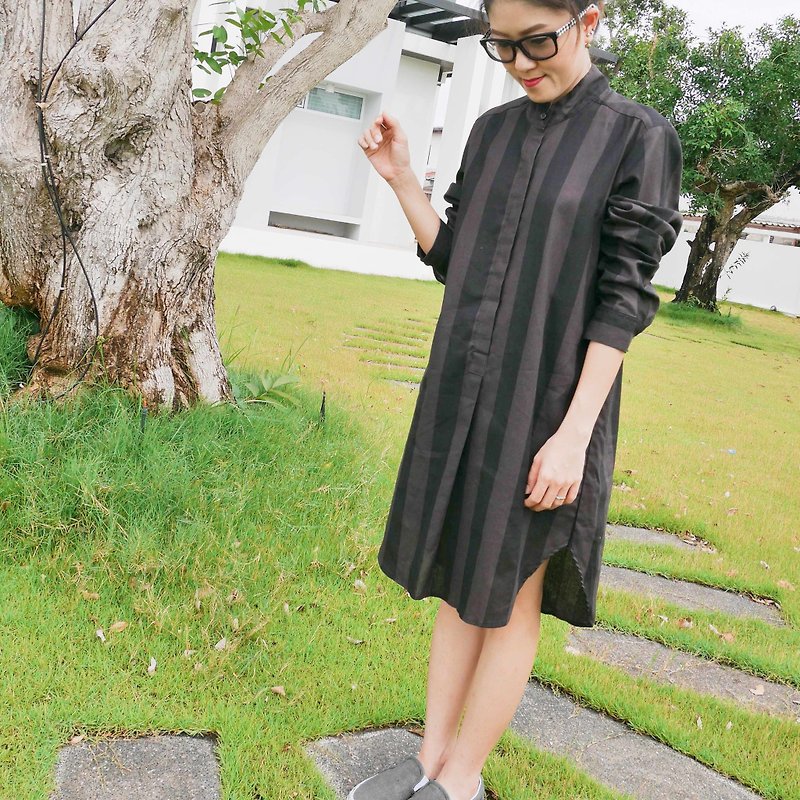 Mandarin Collar Linen - 洋裝/連身裙 - 棉．麻 黑色