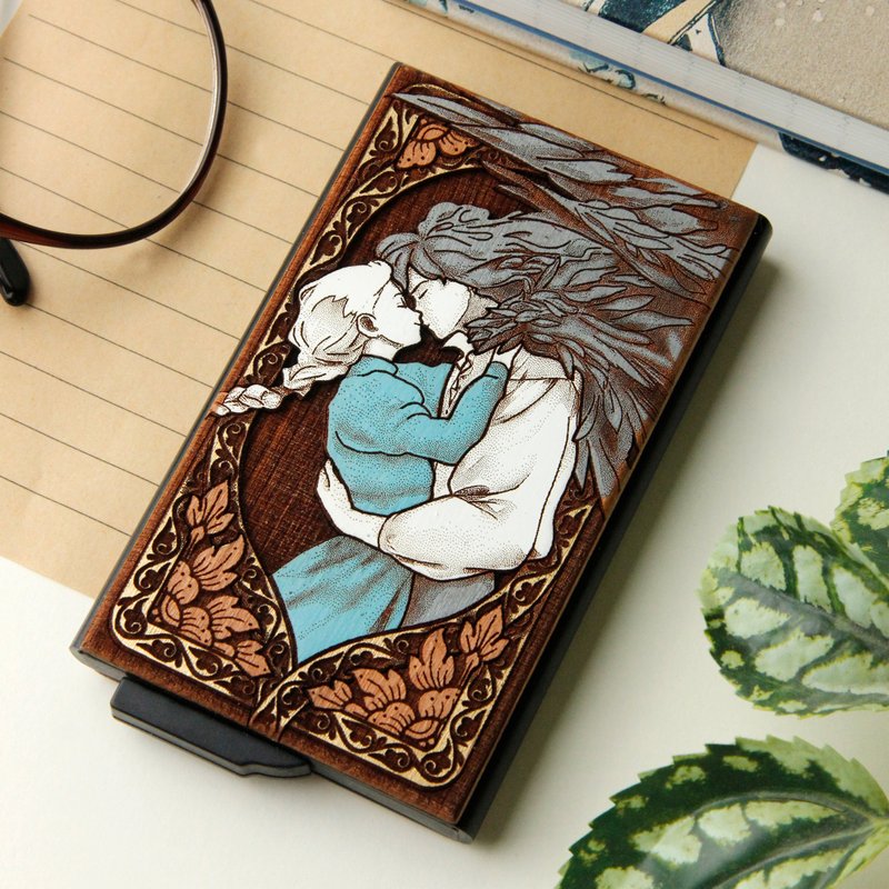 The Lovers -  Wooden card holder with laser engraving + hand painting - 名片夾/名片盒 - 木頭 咖啡色