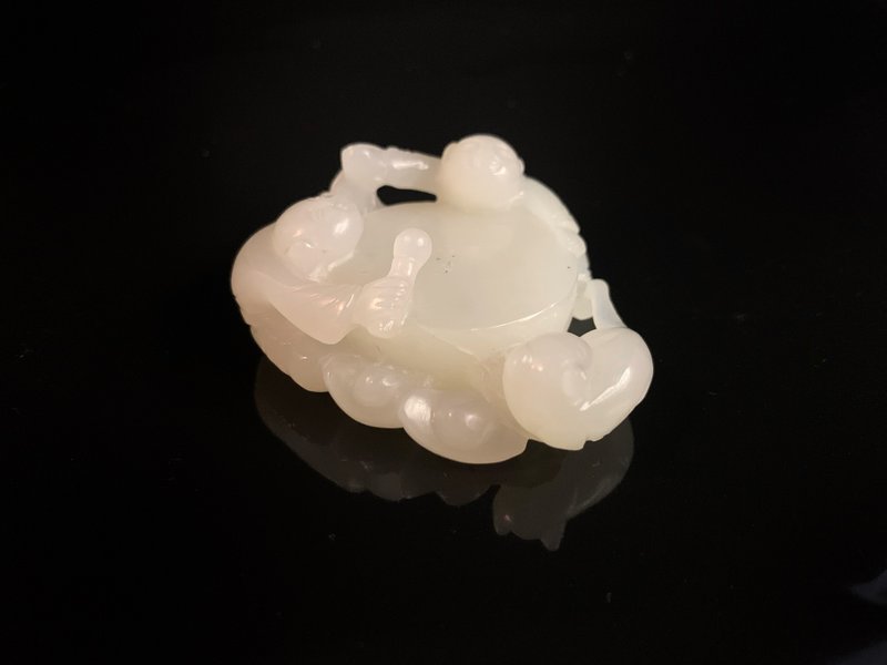 19世紀  白玉小童擊鼓 - 擺飾/家飾品 - 玉石 