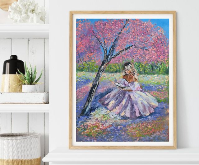 桜の絵さくらオリジナルアート女性油絵庭の壁アート - ショップ Anna Krivtsova Artist ポスター・絵 - Pinkoi