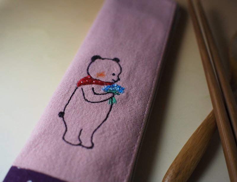 Eating guy*Embroidered eco-friendly chopsticks bag (with bamboo spoon/chopsticks)-for you - Chopsticks - Cotton & Hemp 
