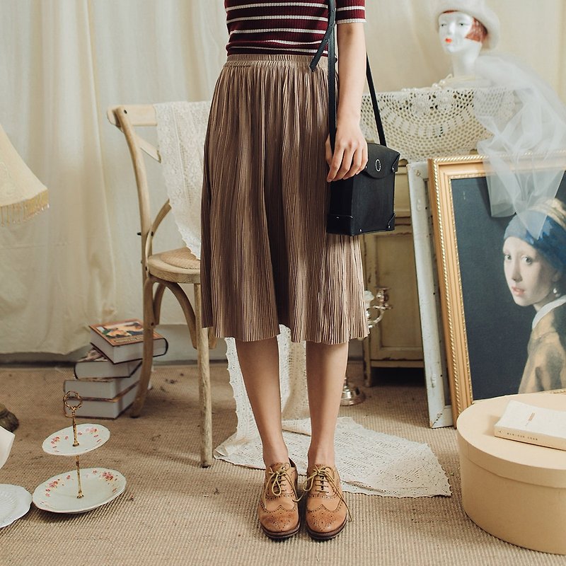 Annie Chen 2018 summer new literary women's pure color waist elastic skirt dress skirt - กระโปรง - เส้นใยสังเคราะห์ สีกากี