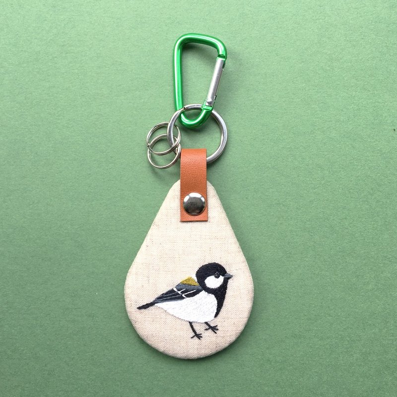 Japanese tit hand embroidery key chain (sand beige) - ที่ห้อยกุญแจ - งานปัก 