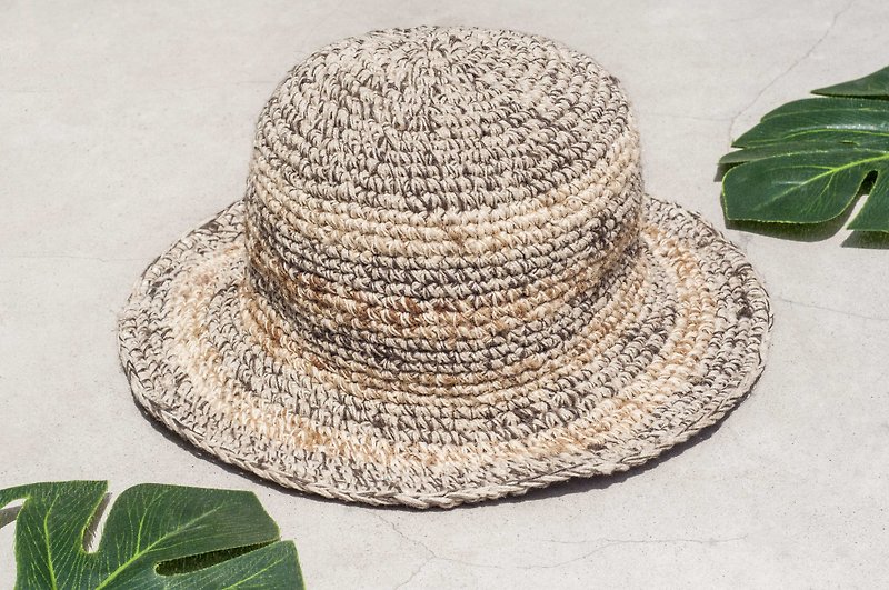 Hand-knitted cotton and linen cap knit hat fisherman hat visor straw hat - South American striped coffee latte - Hats & Caps - Cotton & Hemp Brown