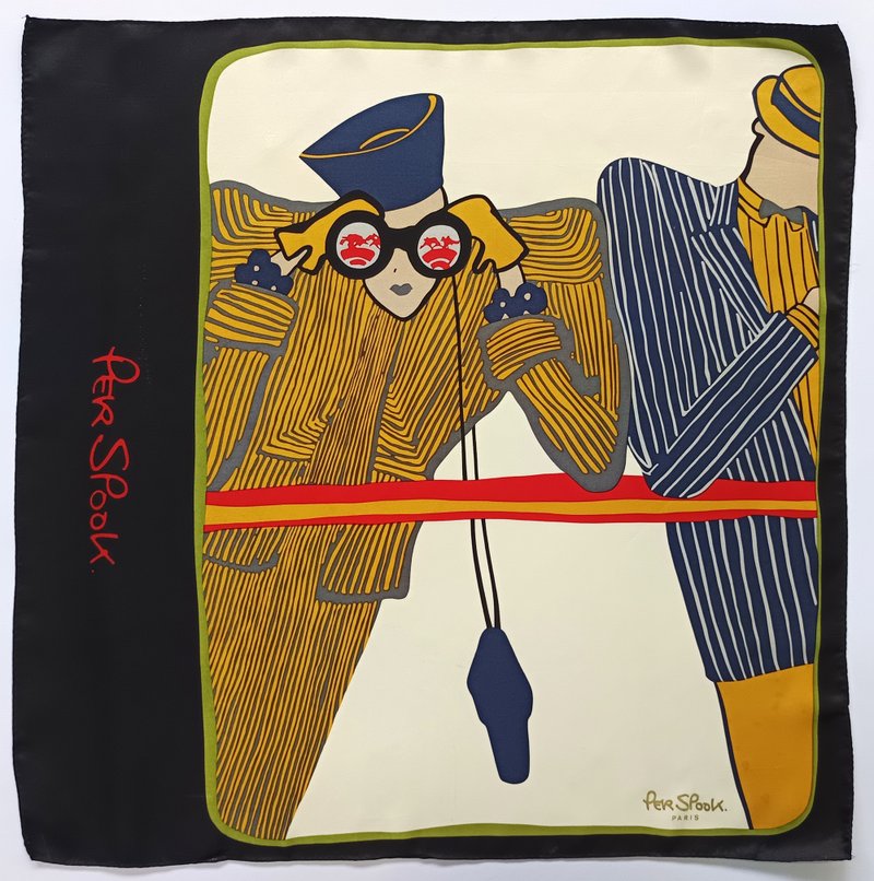 Per Spook Paris Vintage Silk Scarf Fashionista Art Deco 90's 21.5 x 21.5 inches - 絲巾 - 棉．麻 橘色