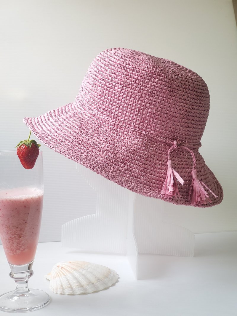 crochet raffia summer hat for woman crochet hat handmade make-to-order - หมวก - กระดาษ สึชมพู