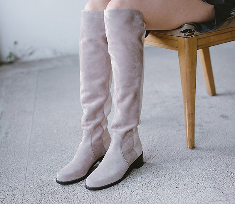 High-stretch stretch bandage half leather knee-length khaki - Women's Boots - Genuine Leather Khaki
