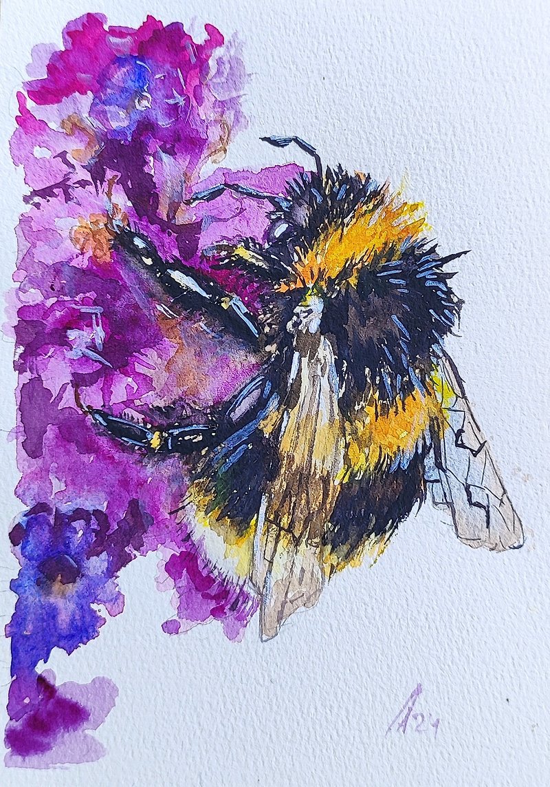 Bumblebee painting original watercolor art floral artwork 19.5 by 13.5 cm - 海報/掛畫 - 紙 多色