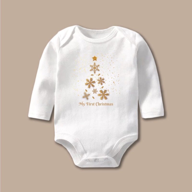 Golden Snowflake Christmas Tree customized long sleeves baby bodysuit - Onesies - Cotton & Hemp White