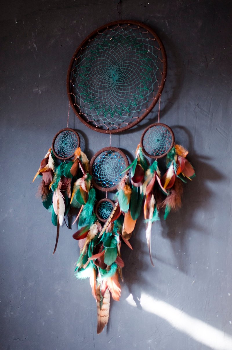 Giant big dream catcher brown green natural Extra large dreamcatcher - 壁貼/牆壁裝飾 - 繡線 綠色
