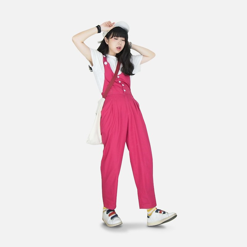 A‧PRANK: DOLLY :: VINTAGE retro with a special pink color U shape breasted collar waist pleated trousers suspenders jumpsuit pants - Overalls & Jumpsuits - Cotton & Hemp 