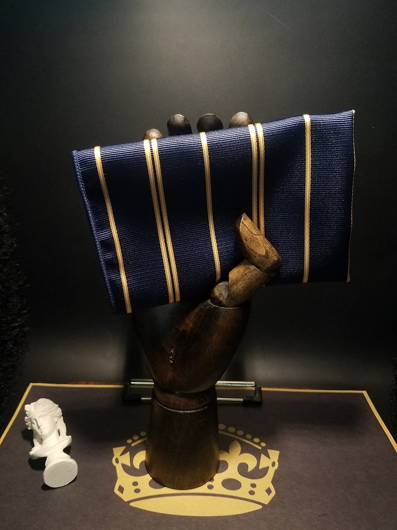 Dark blue gold thread stripe pocket scarf, retro suit, silk handkerchief, scarf. - Handkerchiefs & Pocket Squares - Silk Blue
