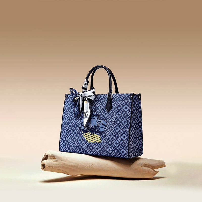 【Free Gift Event】Minions Jacquard with Leather Large Tote Bag - Handbags & Totes - Thread Blue