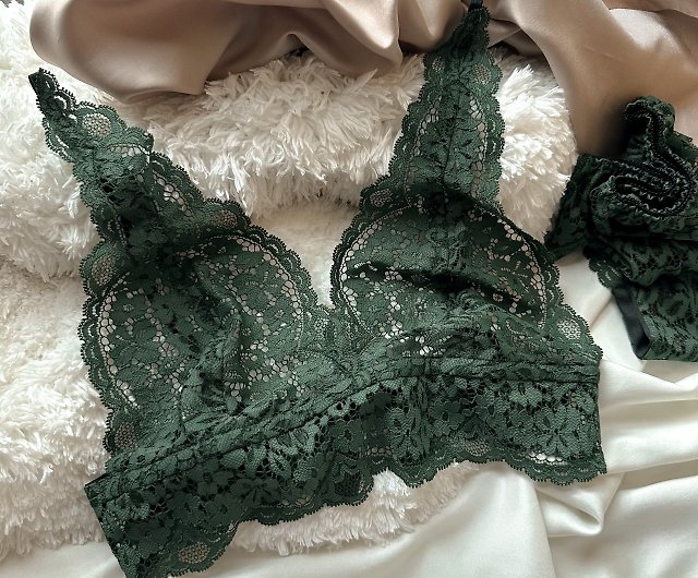 Set (bra + panties) dark green, pointed breasts - Shop brababa-lace Women's  Underwear - Pinkoi