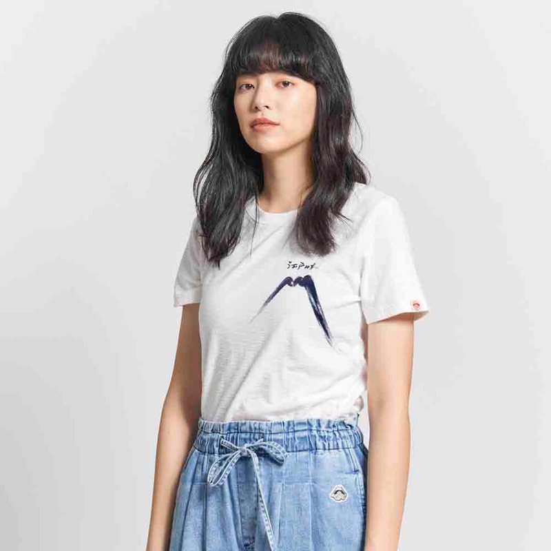 Edo Katsuri Big Fishing Series Fuji Mountain Line Short Sleeve T-Shirt - Ladies (Off-White) #衣衣 - Women's T-Shirts - Cotton & Hemp White