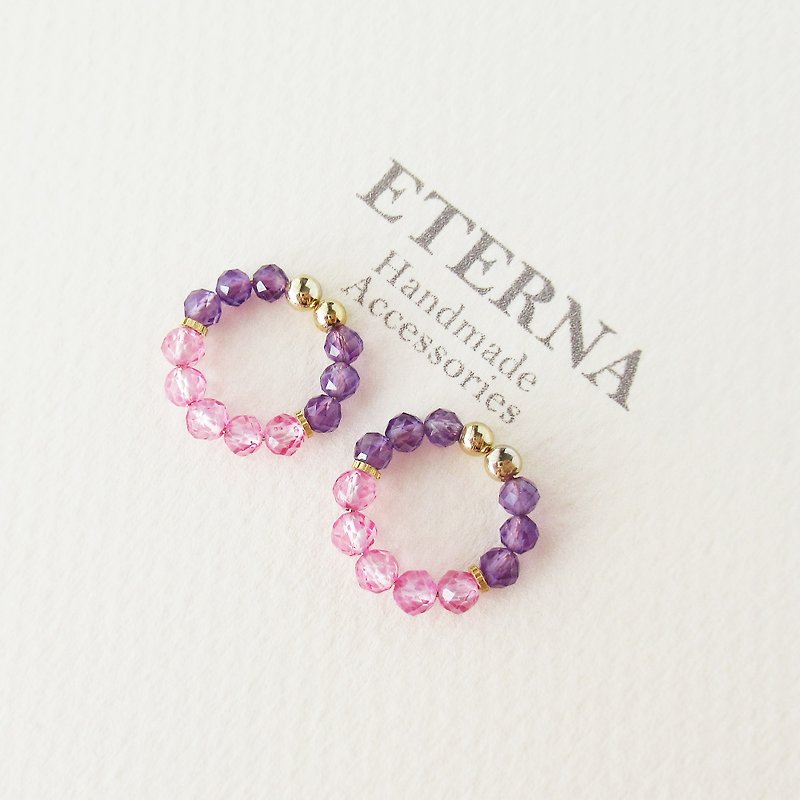 Amethyst and dyed pink color topaz, tiny hoop earrings 夾式耳環 - Earrings & Clip-ons - Stone Pink