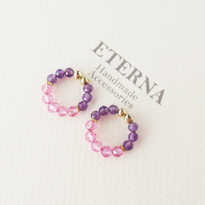 Amethyst and dyed pink color topaz, tiny hoop earrings 夾式耳環 - ต่างหู - หิน สึชมพู