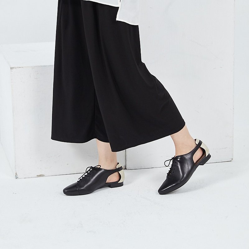 [Wandering around] Pointed-toe side hollow straps double-pitch leather personality loafers_London night black - Women's Oxford Shoes - Genuine Leather Black
