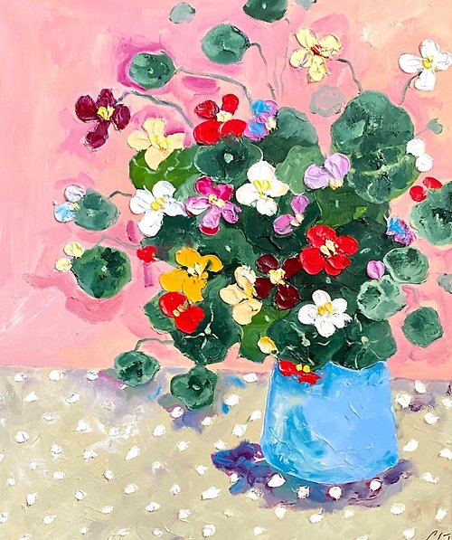 青い花瓶とカラフルな花　油絵　1996年