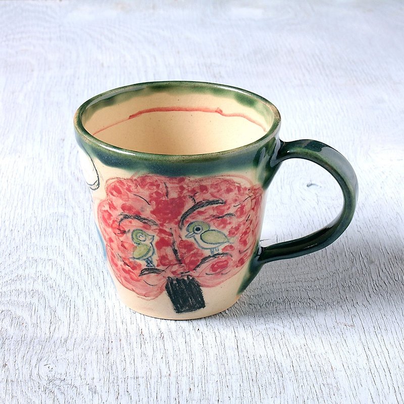 Crayon style style "Birds Stuck in a Blooming Tree" · Mug Cup - Small Plates & Saucers - Pottery Multicolor
