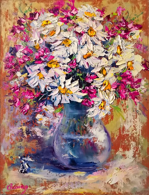 Original oil painting artist Svinar Oksana Daisy Glass Vase Candy Oil Painting Flower Impasto Original Artist Svinar Oksana