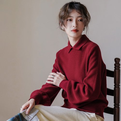 Sora 華夫格針織翻領泡泡袖毛衣|毛衣|秋冬款|羊毛|Sora-1051