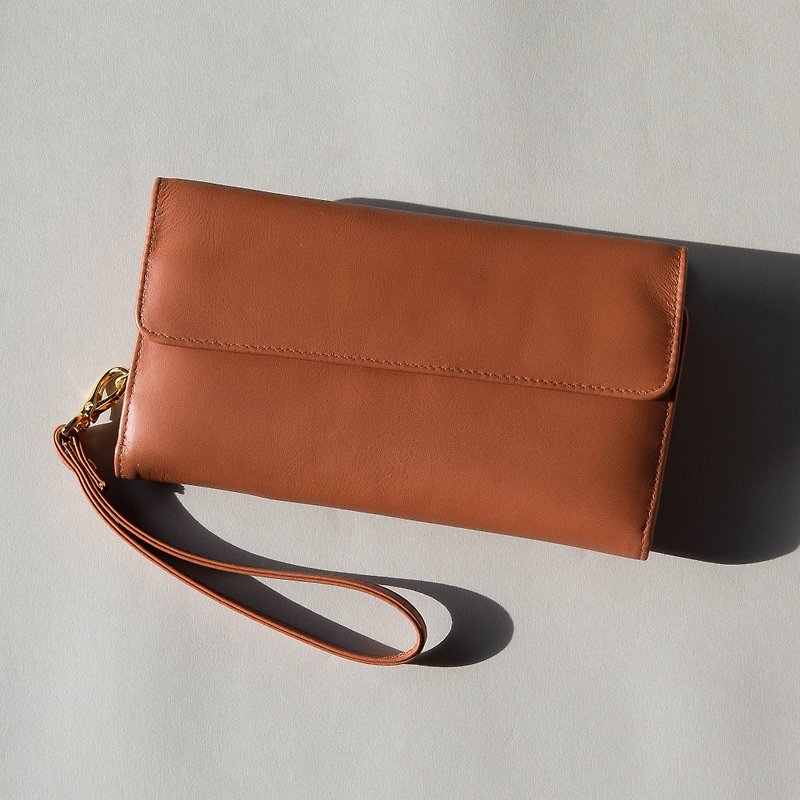WOMEN MINIMAL SOFT COW LEATHER 'HAPPY' PURSE/LONG WALLET-BROWN - Wallets - Genuine Leather Brown