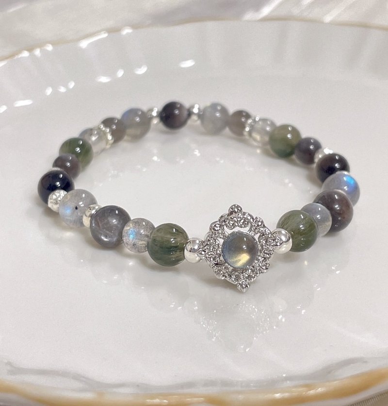 Labradorite totem shape/green rabbit fur/labradorite/star backbone/obsidian/elastic sterling silver 925 bracelet - สร้อยข้อมือ - โลหะ ขาว