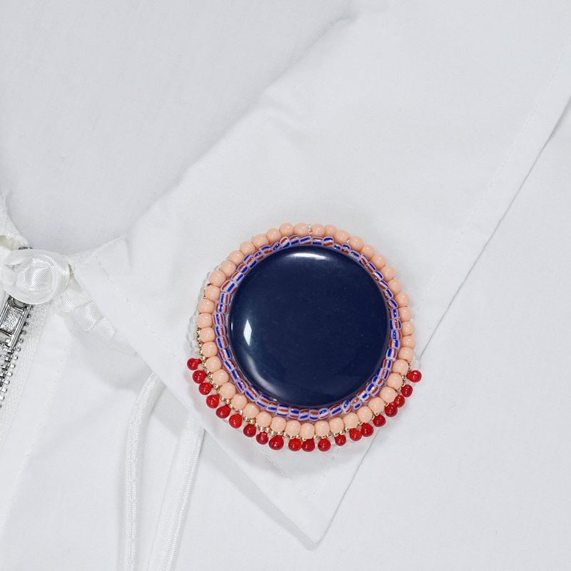 Beaded Brooch No.4 / Red& Navy / Hand-Embroidered Statement - Brooches - Glass Blue