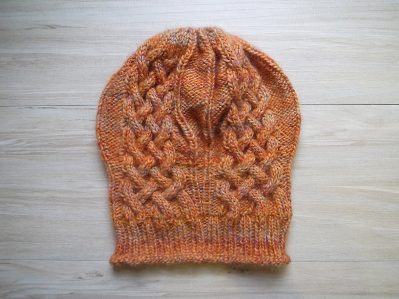 Hand-made knitted fur hat~Orange flower braided loose drapey fur hat - Hats & Caps - Wool Orange
