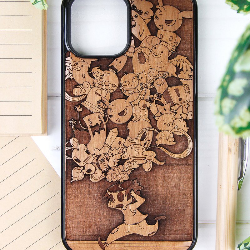 Inside My Head -  Phone case wood laser engraved + hand painting - 手機殼/手機套 - 木頭 咖啡色