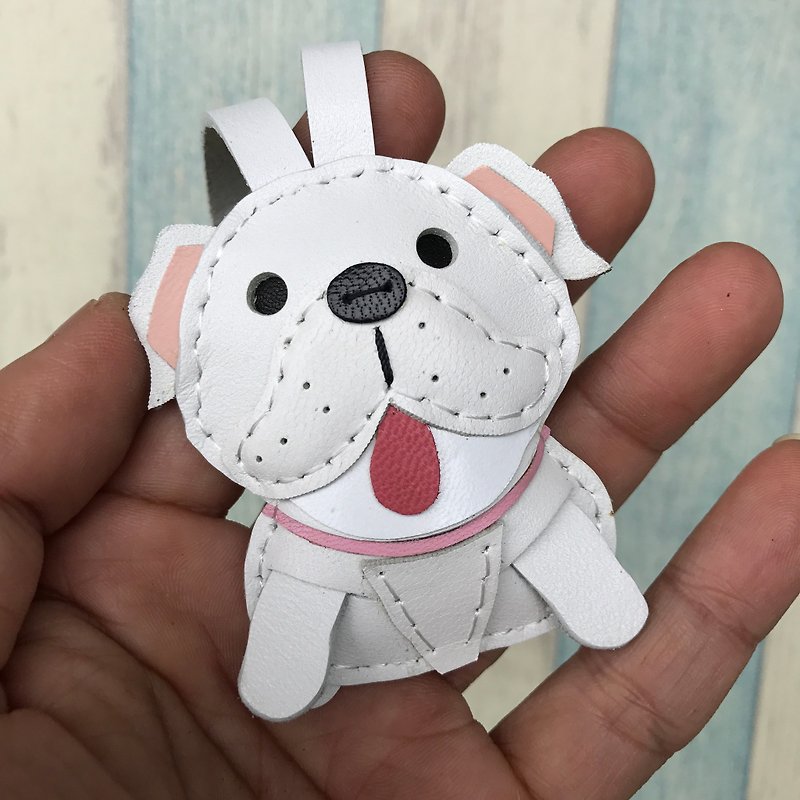 Healing small things white cute English bulldog hand-sewn leather charm small size - Charms - Genuine Leather White