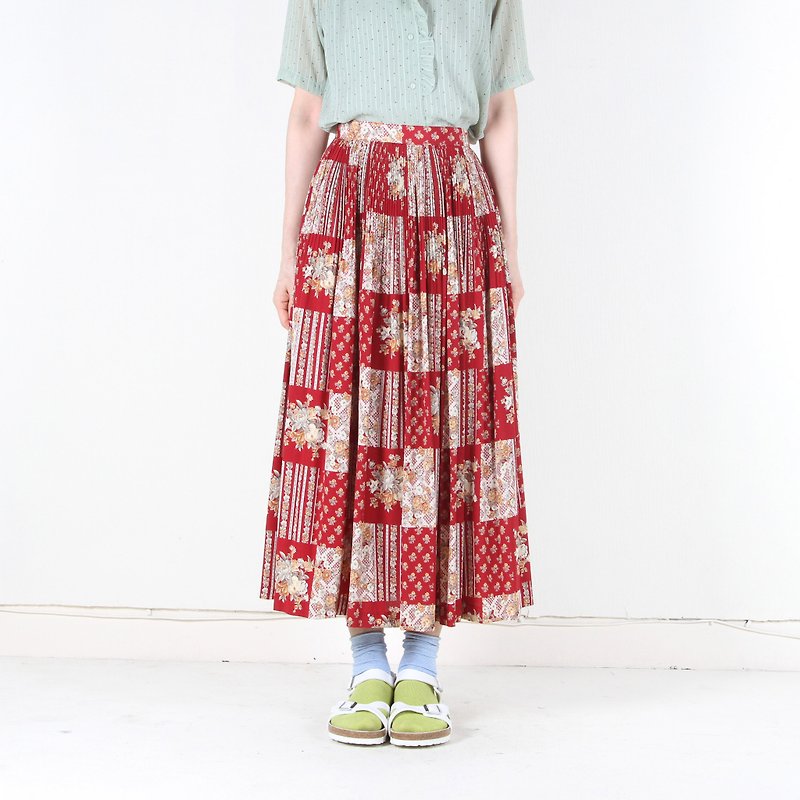 [Egg Plant Vintage] Village Girl Printed Pleat Vintage Dress - Skirts - Polyester Red