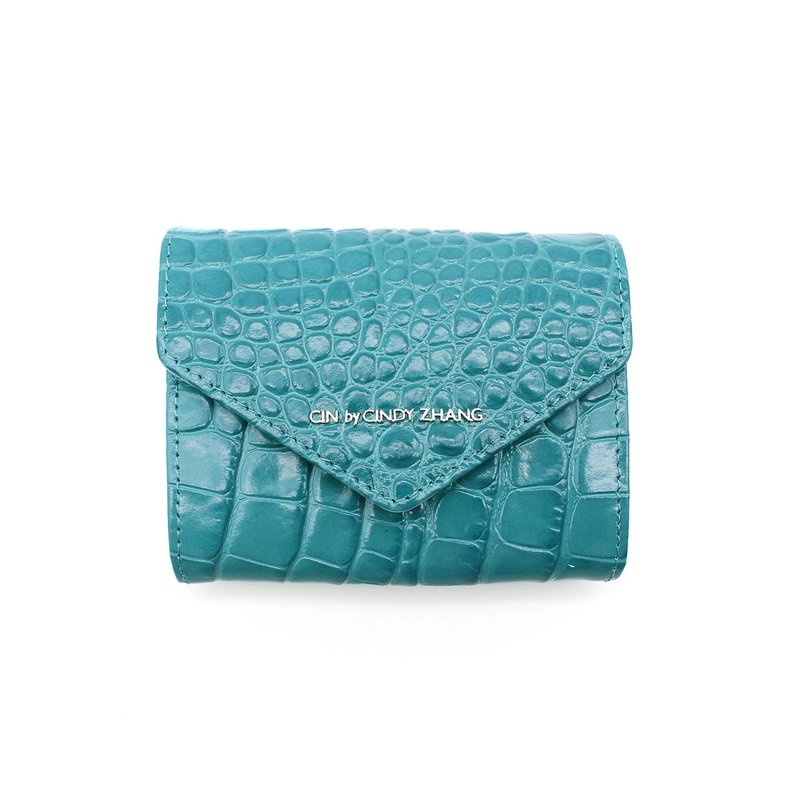 Turquoise crocodile stamped envelope clip - กระเป๋าสตางค์ - หนังแท้ สีเขียว