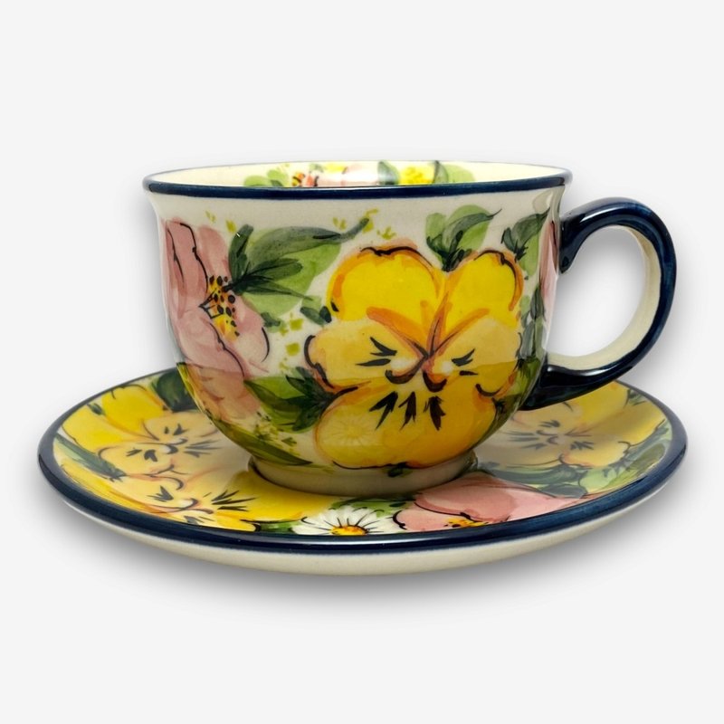 Polish hand-painted pottery-coffee cup and plate set 220ML floral series designer model - แก้วมัค/แก้วกาแฟ - ดินเผา สีเหลือง