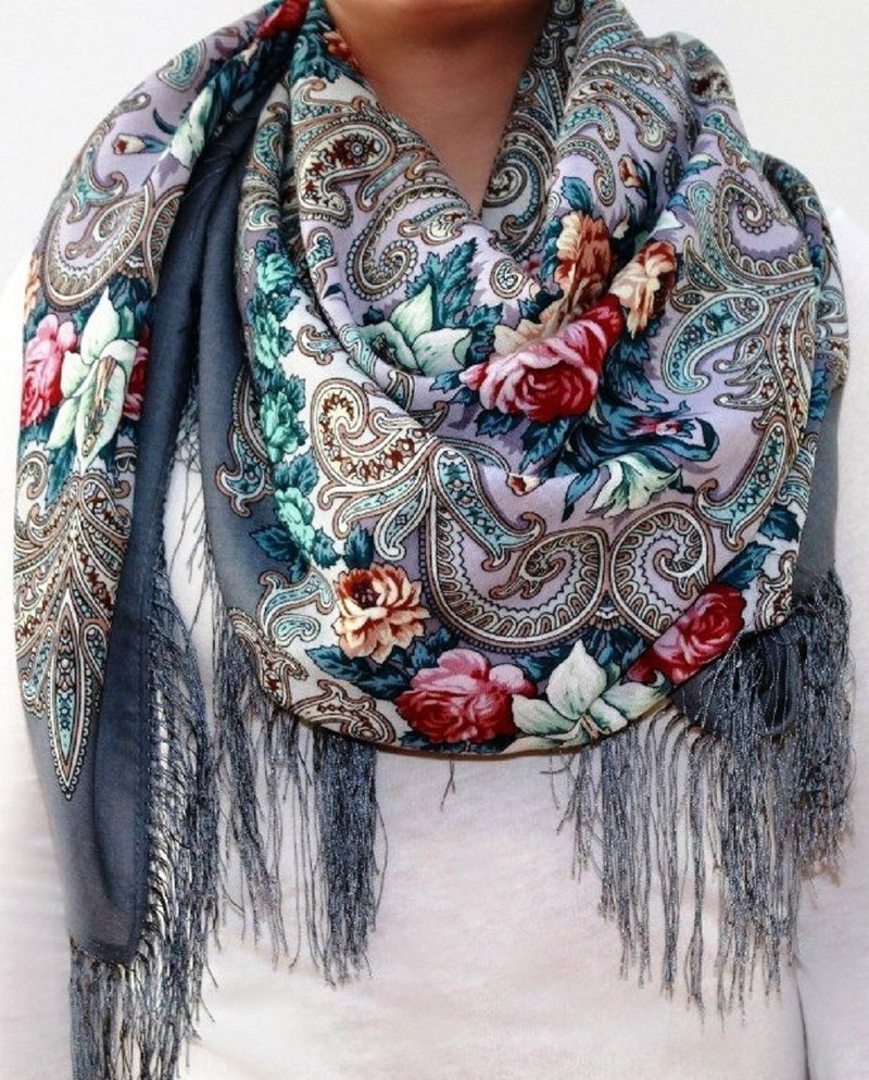Luxury! Original Pavlovo Posad Russian Shawl 100% Wool Scarf Wrap 1437-1 - 絲巾 - 羊毛 灰色