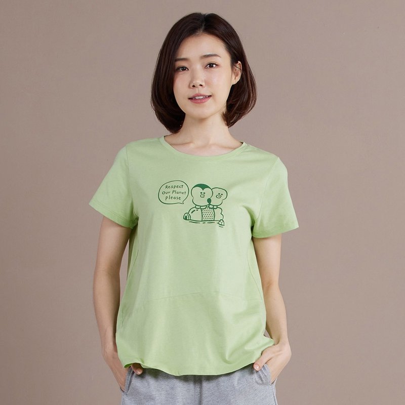 LINE FRIENDS | 企鵝莎莉網印短袖上衣-若草綠 - 女裝 T 恤 - 棉．麻 綠色
