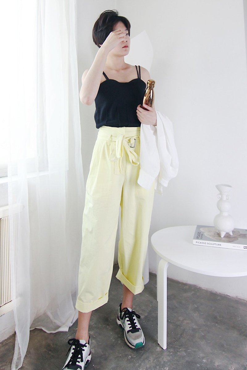 MAODIUL charming light yellow high-waisted cropped trousers - Women's Pants - Cotton & Hemp Yellow