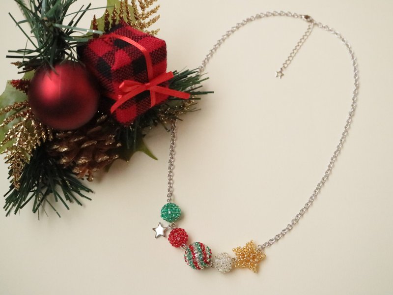 クリスマスパーティー・ビブネックレス シルバー　繊細 パヴェ ミラーボール 星 スター 丸 玉 ボール ストライプ 赤 緑 銀 季節 - 項鍊 - 玻璃 多色