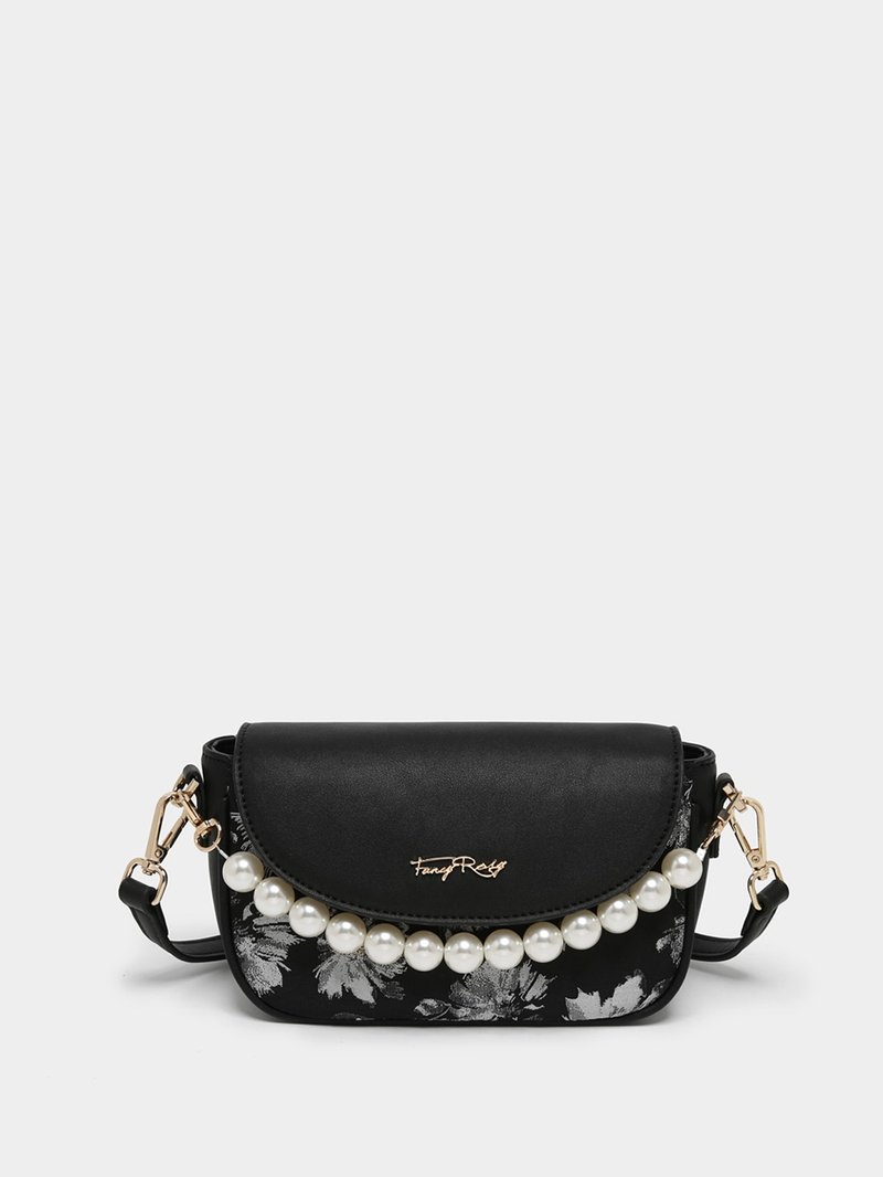 Pearl chain noble jacquard small square bag - กระเป๋าแมสเซนเจอร์ - วัสดุอื่นๆ สีดำ